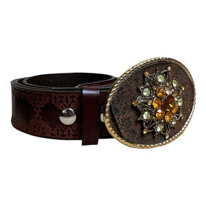 Brown Embossed Leather Western Stone Buckle Belt Size Small